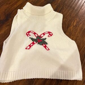 Cream Sleeveless Sweater with Candy Cane Design